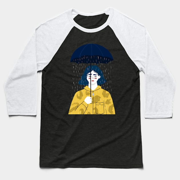 Pessimist Girl Holding an Umbrella Baseball T-Shirt by London Colin